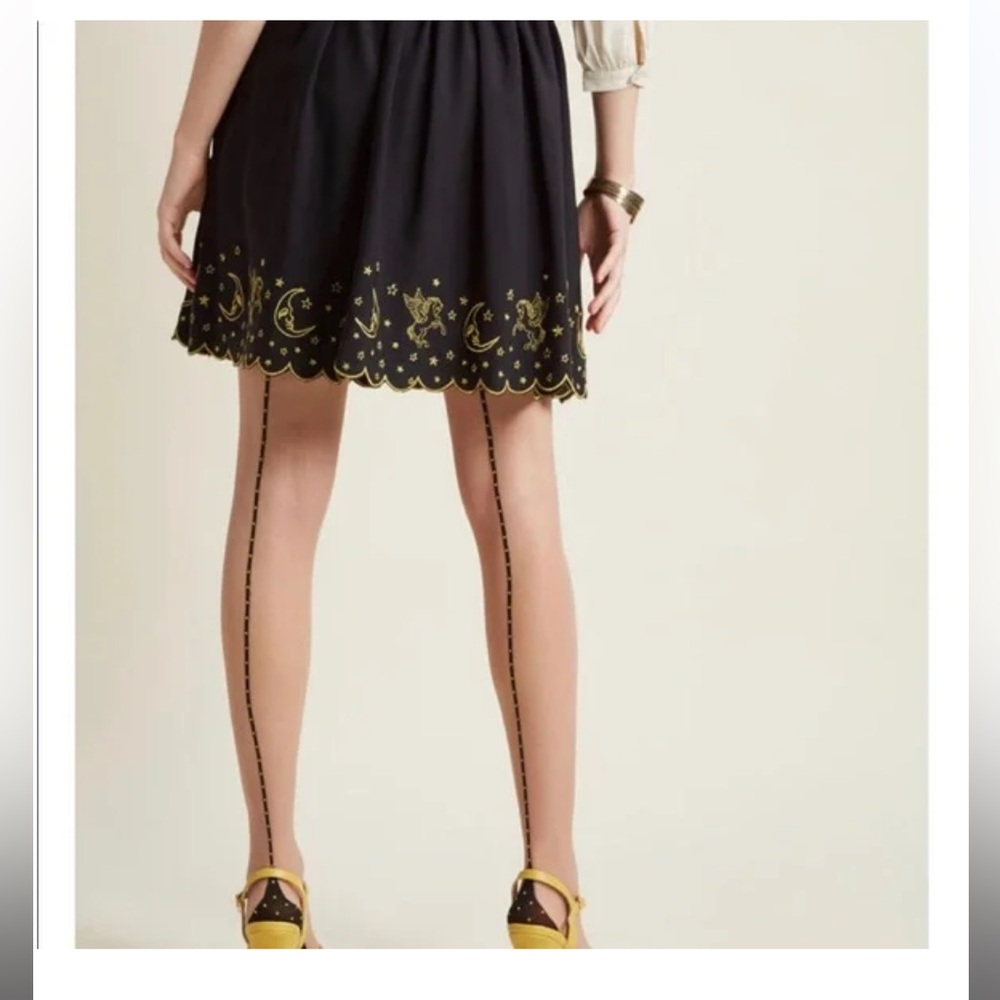 ModCloth size small black skirt gold embroidery scallop edge moon Pegasus